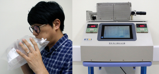 날숨을 포집(왼쪽)해 폐 속의 암세포가 만들어내는 휘발성유기화합물(VOC)이 있는지를 분석·판별하는 ‘전자 코’ 분석 시스템.  /사진제공=분당서울대병원