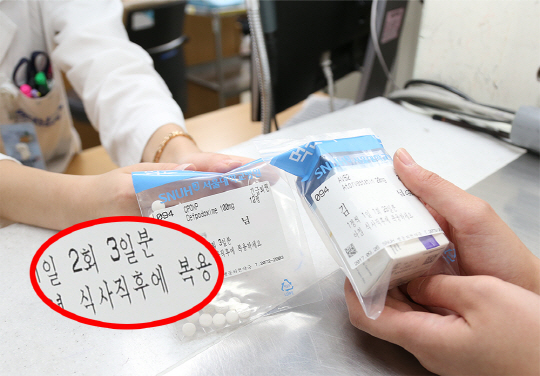 서울대병원 약사가 ‘식사 직후 복용하세요’라는 권고사항이 인쇄된 약을 환자에게 건네고 있다. /사진제공=서울대병원