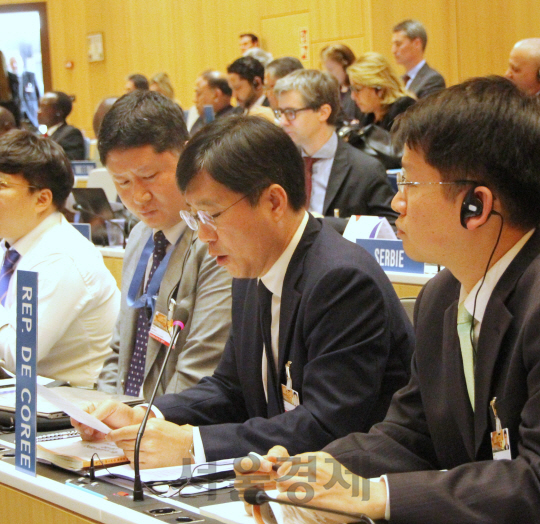성 청장이 지난 2일(현지시간) 스위스 제네바에서 열린 WIPO 회원국 총회에 참석, 기조연설을 하고 있다. /사진제공=특허청