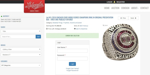 경매 등장한 시카고 컵스 WS 우승 기념 반지/리랜즈닷컵 홈페이지 캡처
