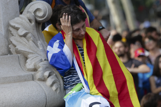카를레스 푸이그데몬 스페인 카탈루냐 자치정부 수반이 10일(현지시간) 바르셀로나의 자치의회에서 카탈루냐 독립 절차 연기 의사를 밝히자 의사당 밖에서 카탈루냐를 상징하는 깃발을 몸에 두르고 독립 선언을 기다렸던 주민이 망연자실한 표정으로 생각에 잠겨있다.      /바르셀로나=EPA연합뉴스