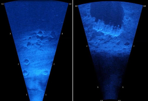 수중초음파카메라로 촬영한 영상. 왼쪽 사진에는 도자기, 오른쪽 사진에는 철제 솥이 보인다. /문화재청 제공