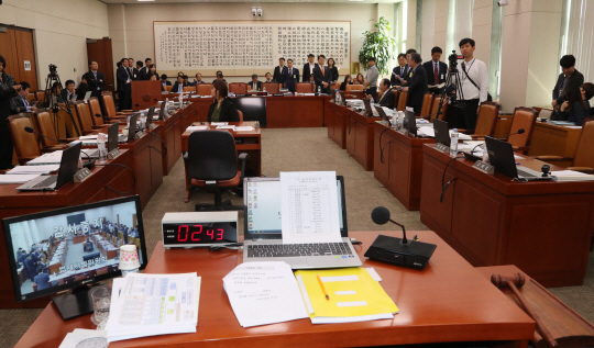 17일 오전 국회에서 열린 법사위 대한법률구조공단·한국법무보호복지공단·정부법무공단 등에 대한 국정감사에서 여야 의원들과 권성동 법사위원장이 회의 진행문제로 논쟁을 벌이다 정회됐다./연합뉴스