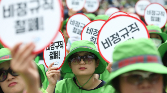 한 노동자가 최근 서울광장에서 열린 민주노총 집회에서 ‘비정규직 철폐’라고 적힌 피켓을 들고 있다. 18일 정부가 민간기업에도 비정규직 사용을 제한하겠다고 발표하자 산업계가 술렁이고 있다./연합뉴스