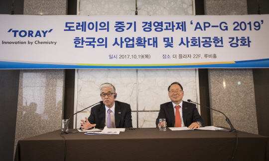 닛카쿠 아키히로(왼쪽) 일본 도레이 사장과 이영관 도레이첨단소재 회장이 19일 서울 플라자호텔에서 열린 기자간담회에서 1조원 투자 계획을 발표하고 있다.  /사진제공=도레이첨단소재