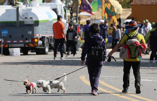 22일 오전 서울 마포구 월드컵공원에서 시민들이 반려견에 목줄을 채운 채 산책하고 있다./연합뉴스