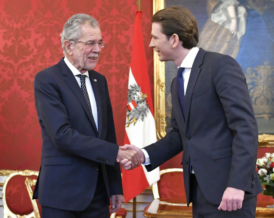 알렉산더 판데어벨렌(왼쪽) 오스트리아 대통령과 제바스티안 쿠르츠 국민당 대표가 23일(현지시간) 연립정부 구성과 관련된 회담에 앞서 악수하고 있다. /비엔나=AFP연합뉴스
