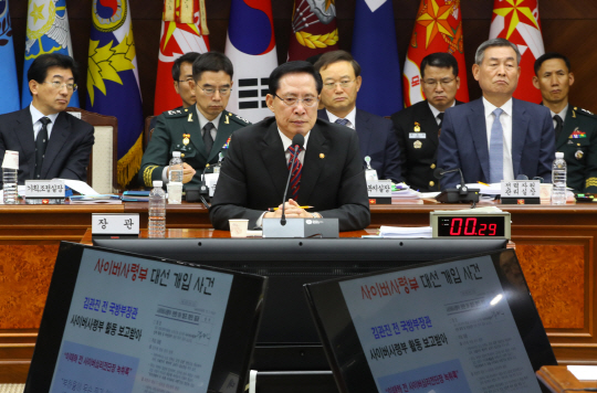 송영무 국방부 장관이 12일 오전 서울 용산구 국방부에서 열린 국방부, 국군기무사령부 등에 대한 국회 국방위원회의 국정감사에서 ‘사이버사령부 대선개입 사건’과 관련한 질문을 받고 있다. /연합뉴스