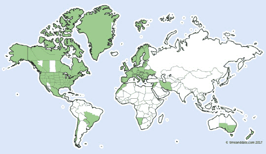 서머타임 시행 국가(색칠된 부분) /타임앤데이타 홈페이지 캡처