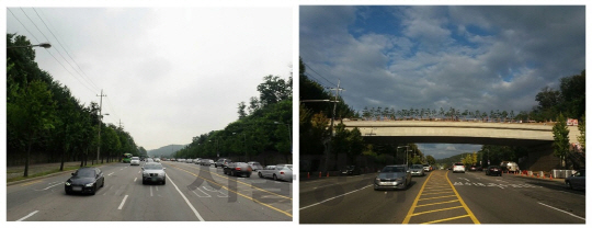 양재대로 녹지연결로 공사 전(왼쪽)과 공사 후의 모습. /사진제공=서울시