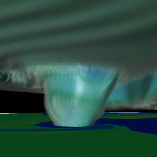 디지털 외피 아래에는 : 이 폭풍은 진짜처럼 보이지만, 사실은 시뮬레이션으로 만든 사진일 뿐이다. 동그라미는 폭풍이 만들어진 토네이도를 보여주고 있다.(빨간동그라미 확대부분)