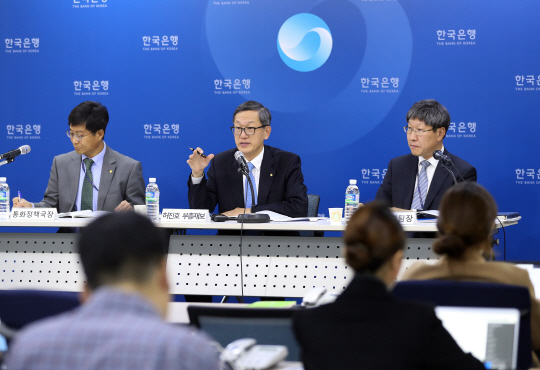 허진호(가운데) 한국은행 부총재보가 9일 서울 중구 한국은행에서 ‘통화신용정책보고서(2017년 11월)’를 발표한 뒤 취재진의 질문에 답하고 있다. 한국은행은 보고서에서 “최근 견실한 성장세가 이어지고 물가상승률도 다시 높아지고 있어 저성장·저물가에 대응하기 위한 통화정책 완화 정도를 조정할 여건이 조성됐다”며 이달 금리 인상 가능성을 내비쳤다. /연합뉴스