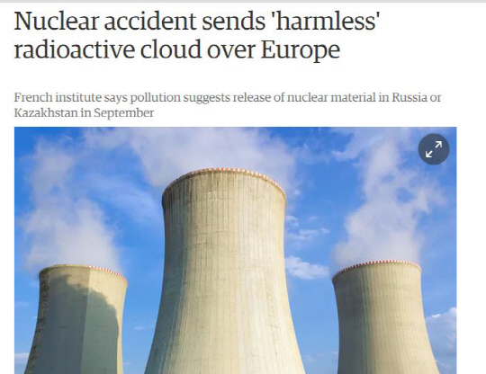 영국 가디언은 프랑스 핵안전연구소(IRSN)이 조사한 결과 최근 유럽 하늘에 나타난 방사능 구름은 러시아나 카자흐스탄의 핵 시설에서 일어난 사고로 추정되지만 인체나 환경에 끼치는 영향은 없다고 전했다. /가디언 홈페이지 캡쳐