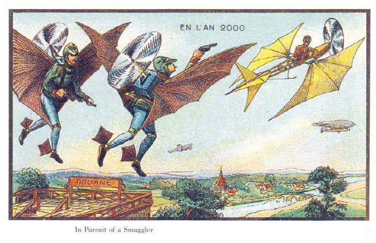 사람들은 수백 년 동안 개인용 비행 기계를 꿈꿔왔다. 2000년의 비행 경찰을 상상한 1899년의 프랑스 엽서
