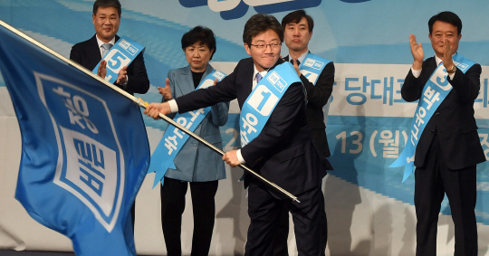 유승민 바른정당 대표가 13일 오전 국회 헌정기념관에서 열린 당 대표 및 최고위원 지명대회에서 당 대표로 선출된 뒤 당기를 흔들고 있다. /이호재기자