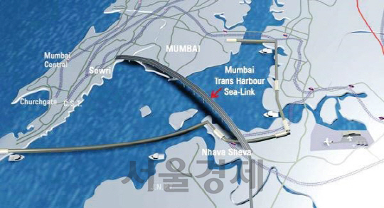 대우건설이 인도 뭄바이 동쪽에서 나비 뭄바이까지의 해상 구간을 연결하는 해상 교량공사 2번 패키지 사업 위치도. / 사진제공=대우건설