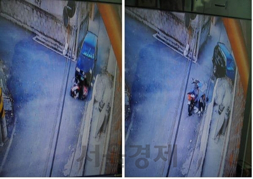 무연허 운전 중이던 A씨가 사고를 내는 모습(왼쪽)과 그대로 달아나는 장면/사진제공=옥천경찰서