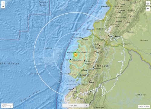 에콰도르 지진 발생 장소. /연합뉴스, USGS