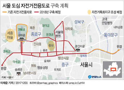 서울시는 연말까지 세종대로 사거리∼종로6가까지 2.6km 구간 자전거도로가 생기는 것을 시작으로 2019년부터는 광화문에서 여의도와 강남까지 자전거로 달릴 수 있게 될 전망이다. /연합뉴스