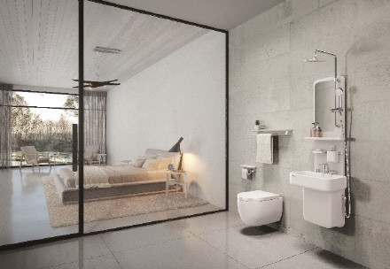 욕실용품 전문기업 세비앙의 샤워기와 선반 세트 모습. 독특하면서도 깔끔한 샤워기의 디자인이 눈에 띈다./사진제공=세비앙