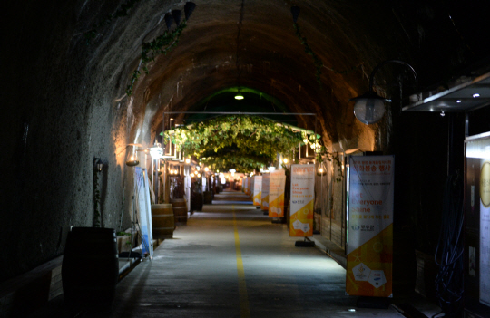 머루와인동굴은 길이가 270m에 달하며, 연중 13~17도로 유지되는데 동굴 끝에는 와인을 시음할 수 있는 카페와 족욕체험장이 마련돼 있다.