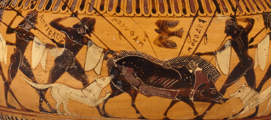 고대 그리스의 개를 이용한 돼지사냥 벽화