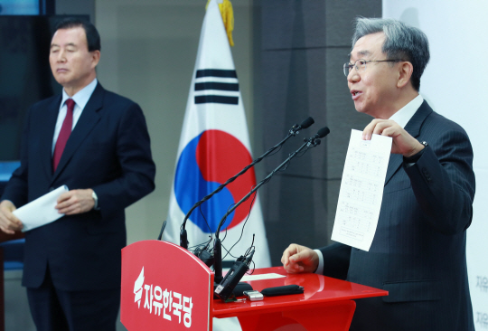 이용구(오른쪽) 자유한국당 당무감사위원장이 17일 오전 서울 여의도 당사에서 현역의원 4명의 당협위원장 자격 박탈 및 원외위원장 58명의 당협위원장 교체에 대해 설명하며 관련 자료를 소개하고 있다. 왼쪽은 홍문표 사무총장./연합뉴스