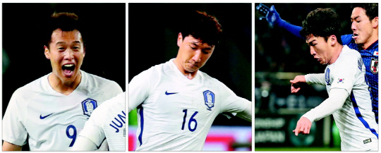 한일전에서 맹활약한 김신욱(왼쪽부터), 정우영, 김민우. 이들은 월드컵 최종 엔트리에 들기 위한 서바이벌 게임에 본격적으로 뛰어들었다.  /연합뉴스