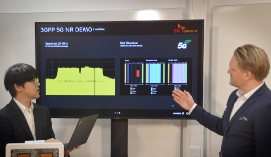 SK텔레콤과 에릭슨 연구원들이 스웨덴 스톡홀름 에릭슨 본사에서 5G 표준 규격 기반 기지국, 단말 등을 활용해 5G 초고속 데이터 통신과 반응속도 0.001초 이내 초저지연 데이터 전송 등의 기술을 시연하고 있다. /사진제공=SK텔레콤