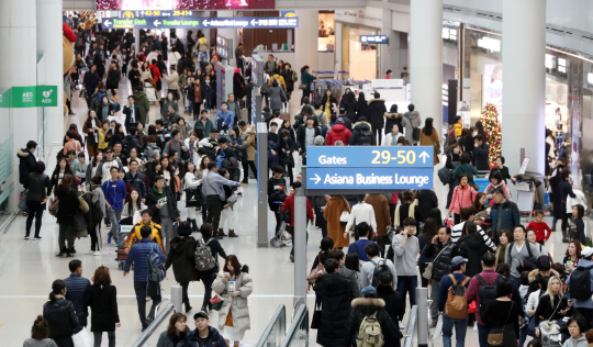 연휴 여행객 가득한 인천공항 면세점 구역      (영종도=연합뉴스) 하사헌 기자 = 연말연시 연휴를 앞두고 29일 오전 인천공항 출국장 면세점구역이 출국하는 여행객들로 붐비고 있다. 2017.12.29      toadboy@yna.co.kr  (끝)      <저작권자(c) 연합뉴스, 무단 전재-재배포 금지>