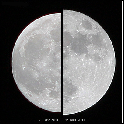 2010년 12월 10일에 뜬 보통보름달과 2011년 3월 19일에 뜬 ‘슈퍼문’의 크기 비교/위키피디아
