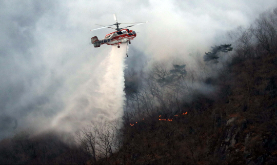 지난 1일 오후 9시 46분께 부산 기장군 장안읍 삼각산 정상 부근에서 화재가 발생했다./연합뉴스