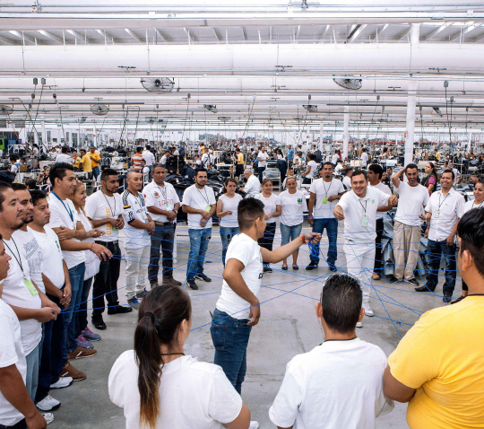 리바이스에 제품을 공급하는 멕시코 나자레노 의류 공장 직원들. 팀워크 활동의 일환으로 실 뭉치를 주고 받는 그룹 실뜨기를 하고 있다.