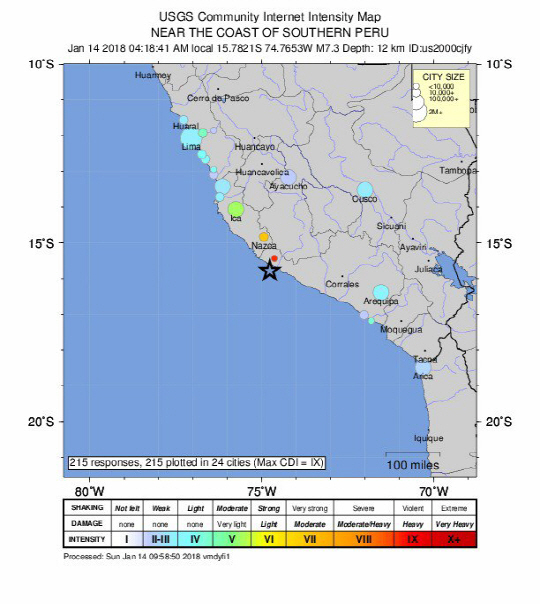 USGS가 배포한 14일(현지시간) 페루 지진 정보/EPA연합뉴스
