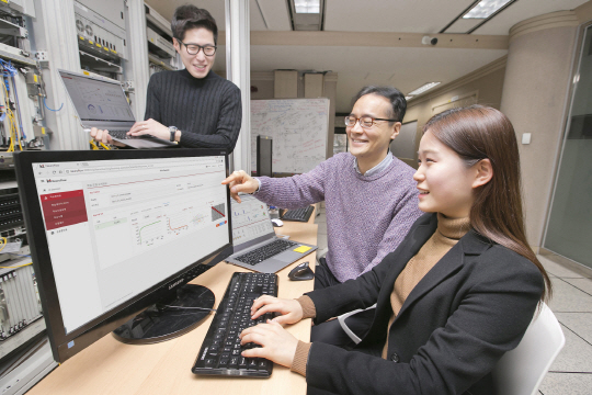 KT 융합기술원 직원들이 연구소에서 인공지능 네트워크 운용 플랫폼 ‘뉴로플로우’를 테스트하고 있다/사진제공=KT