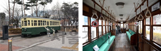 서울역사박물관 앞에 전시된 노면전차 381호의 복원된 내외부 모습. /사진제공=서울역사박물관