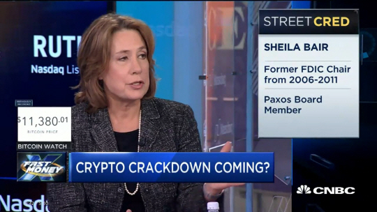세일라 베어(Sheila Bair) 전 FDIC 의장이 CNBC에 출연해 인터뷰 하고 있다. /자료 = CNBC 캡쳐