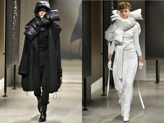 삼성물산 패션부문은 지난 19일(현지시간) 프랑스 파리 블루와에 위치한 쇼룸에서 패션 브랜드 ‘준지’의 올해 가을·겨울 컬렉션을 선보였다. 모델들이 준지의 가을·겨울 옷을 입고 런웨이를 걷고 있다./사진제공=삼성물산