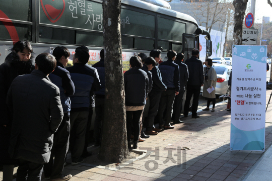 경기도시공사 임직원들이 23일 본사 사옥앞에 배차된 헌열버스에 올라 현혈 을 하기 위해 차례를 기다리고 있다. /샂진제공=경기도시공사