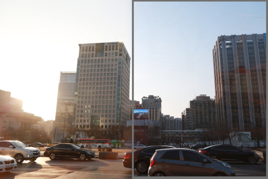 자동차용 유리에 SKC의 ‘네오스카이’를 적용해서 촬영한 사진(오른쪽)이 필름없이 찍은 경우(왼쪽)보다 햇빛이 분산되지 않고 훨씬 깨끗하게 보인다. /사진제공=SKC