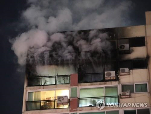 28일 오후 서울 은평구 불광동의 한 아파트 14층에서 불이 나 검은 연기가 치솟고 있다. 이날 불로 주민 3명이 인근 병원으로 옮겨져 치료를 받았지만 끝내 모두 숨졌다../ 연합뉴스