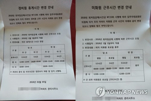 최근 상당수 아파트가 경비원의 휴게시간을 늘려 인위적으로 월급을 190만 원 미만으로 맞춘 후, 정부 지원금을 받는 편법을 시행하고 있는 것으로 알려졌다./ 연합뉴스