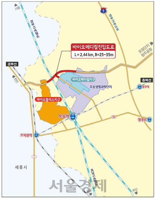바이오폴리스 지구와 바이오메디컬 지구를 연결하게 될 바이오메디컬 진입도로. 사진제공=충북경제자유구역청