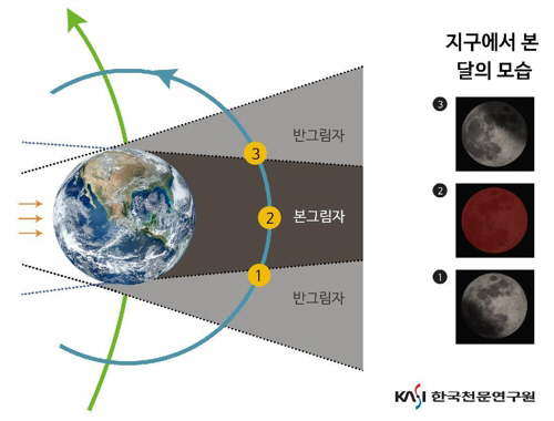 달의 공전에 따른 월식의 모습./한국천문연구원