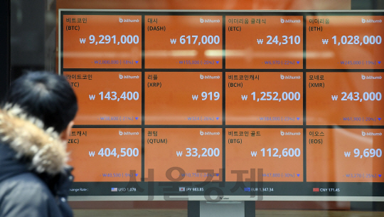 2일 비트코인 등 주요 가상화폐 시세가 폭락하는 가운데 서울 중구 다동의 한 거래소 외부 모니터에 각 가상화폐 시세가 표시되고 있다. 이날 가상화폐의 ‘대장’인 비트코인은 한때 900만 원 밑으로 주저앉았다./권욱기자