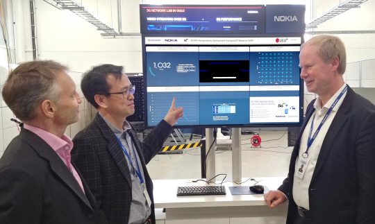 LG유플러스와 퀄컴, 노키아 관계자들이 핀란드 노키아 본사에서 5G 데이터 전송 시험을 하고 있다./사진제공=LG유플러스