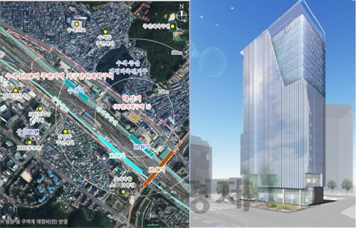 서울시 도시계획위원회에서 15층 규모 빌딩 건축을 위해 일반상업지역으로 용도지역 변경이 결정된 은평구 증산동 223-2 위치도 및 빌딩 조감도. /자료=서울시