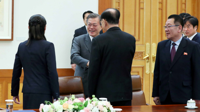 문재인 대통령이 10일 오전 청와대에서 북한 김영남 최고인민회의 상임위원장과 접견에 앞서 인사를 나누고 있다. /연합뉴스