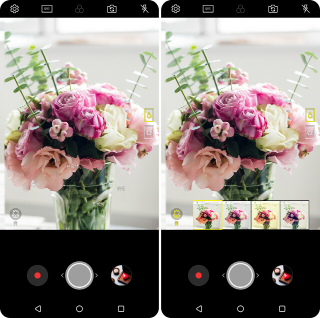 2018년형 LG V30로 꽃을 비추면(왼쪽 사진) 꽃에 최적화된 화질 알고리즘을 추천(우측 사진)해주는 모습. 이 기능은 △인물 △음식 △애완동물 △풍경 △도시 △꽃 △일출 △일몰 등 8개 모드 중 하나를 골라 화각·색감·반사광·역광·채도 등을 고려해 찍고 싶은 대상의 특징을 가장 잘 살려주는 화질을 적용한다./사진제공=LG전자