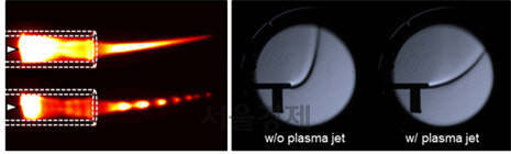 대기압 제트 플라즈마 촬영 이미지(왼쪽). 오른쪽 사진은 중성기체만 있을 때(좌)와 플라즈마가 있을 때(우) 헬륨기체 흐름이 다른 모습.  /사진제공=KAIST